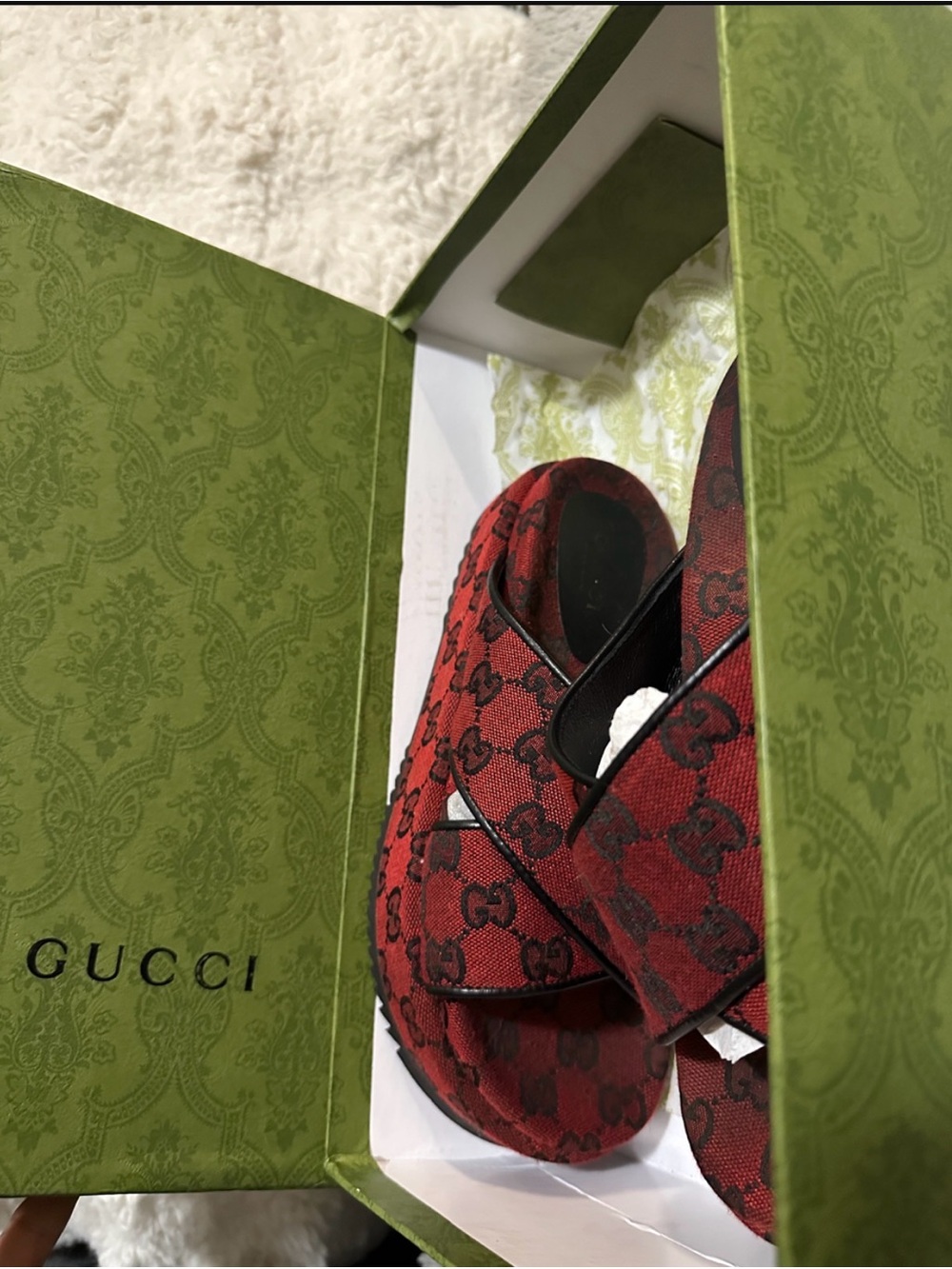 Gucci Red GG Monogram Supreme Canvas Cross-Strap Flatform Slide Sandal.